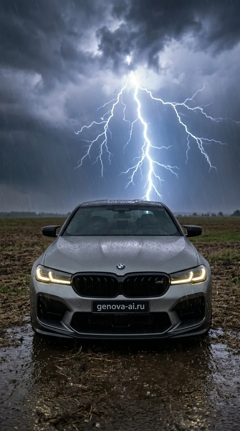 BMW M5: серебристый спорткар под грозой — кадр 4