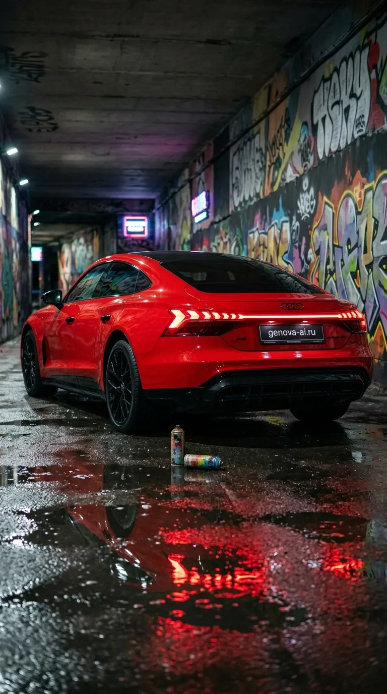 Красный Audi A5 в туннеле с граффити — кадр 2
