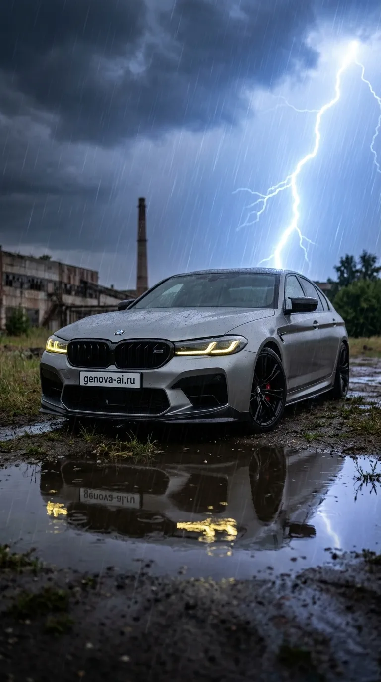 BMW M5: серебристый спорткар под грозой — кадр 1