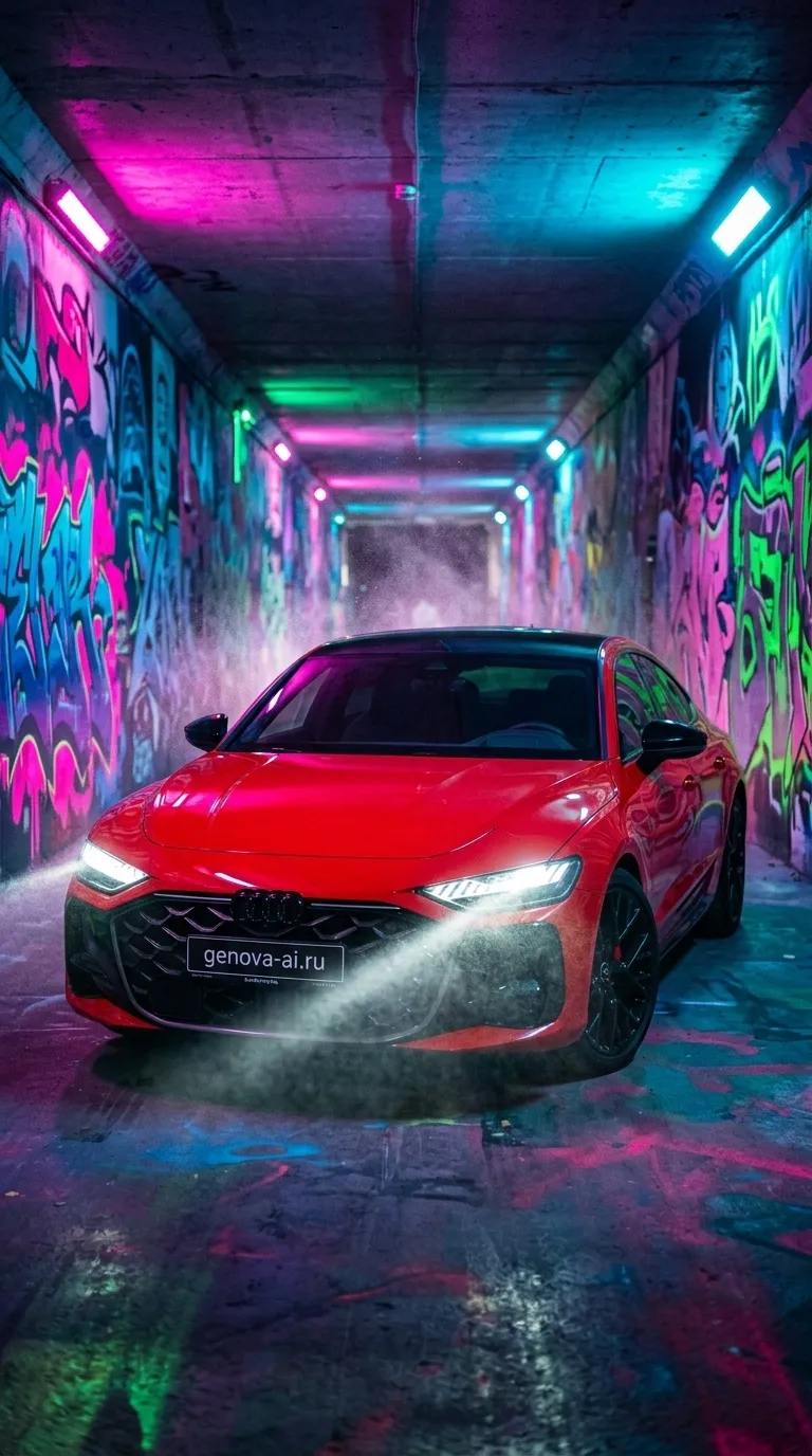 Красный Audi A5 в туннеле с граффити — кадр 4
