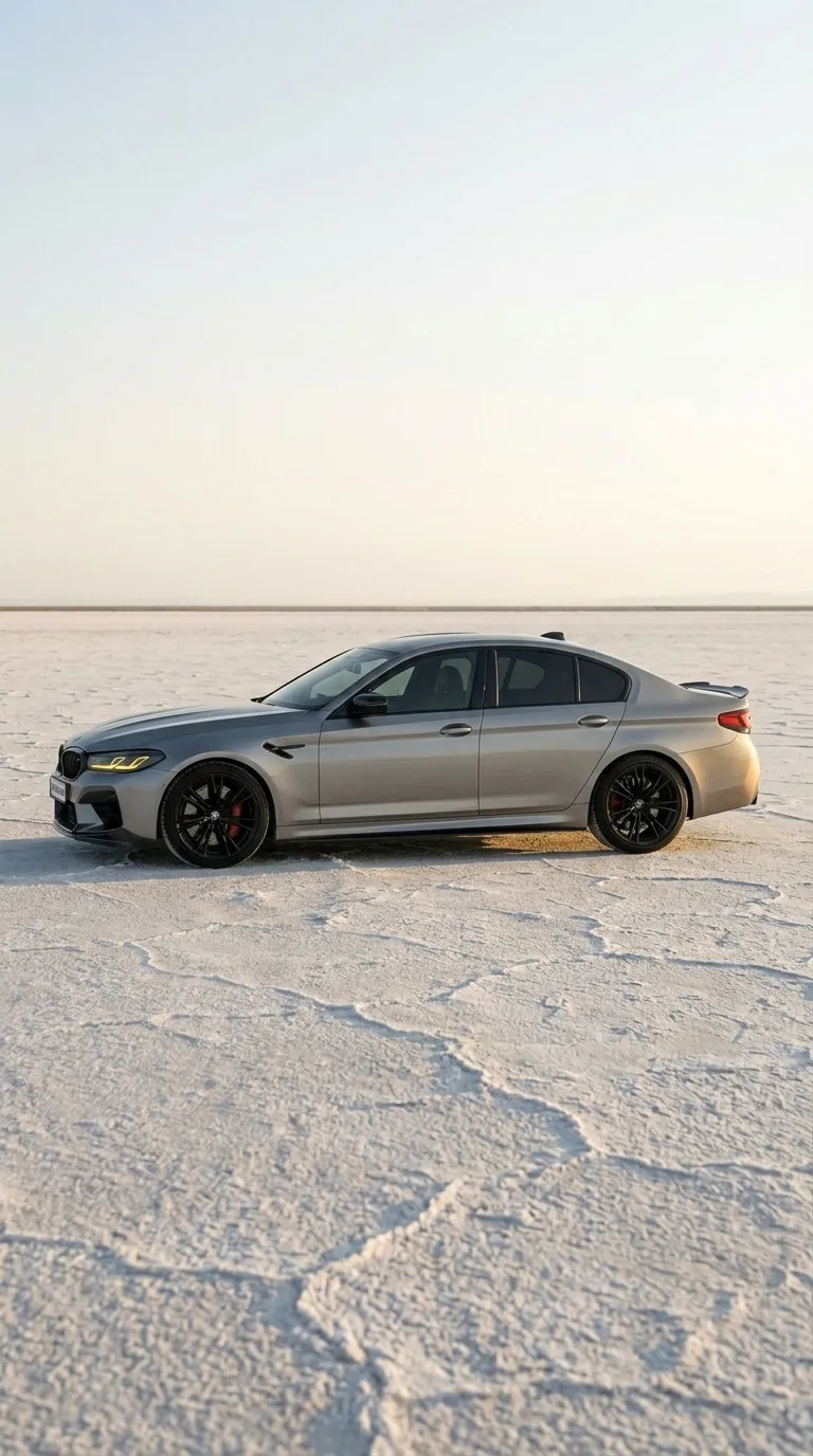 Серебристый BMW M5 на соляных равнинах Бонневиль — кадр 3