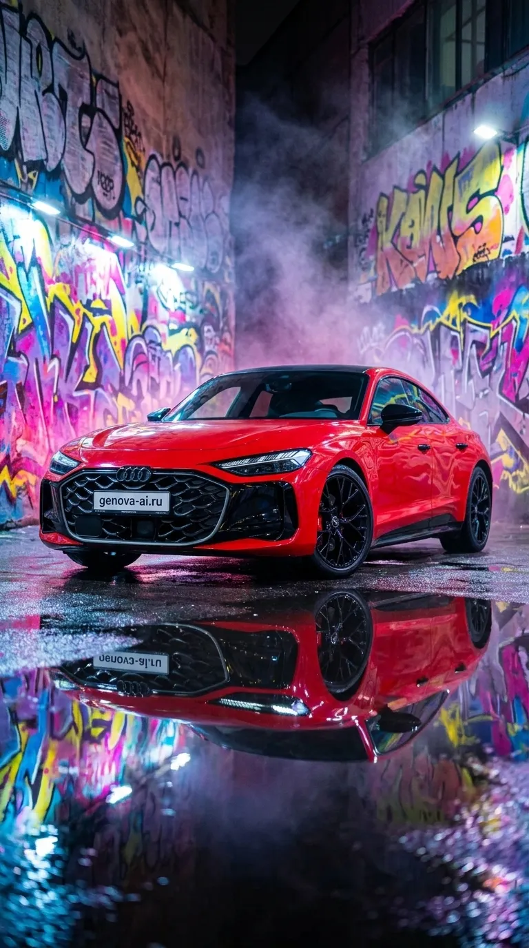 Красный Audi A5 в туннеле с граффити — кадр 1