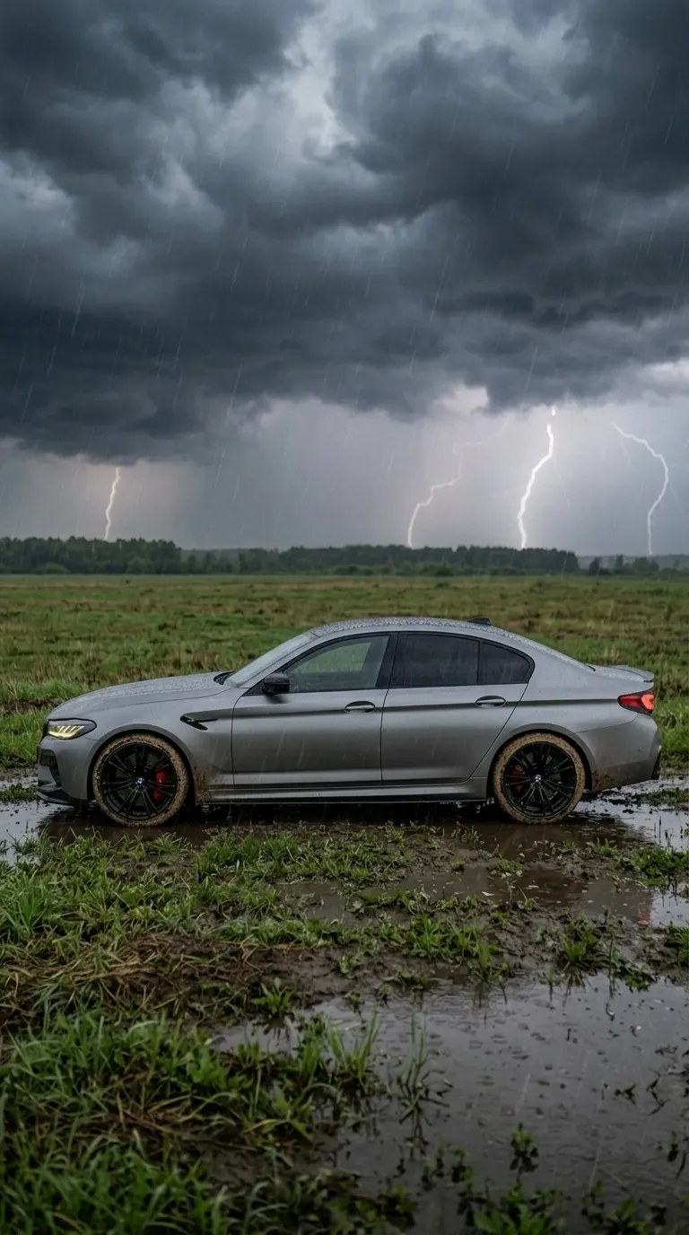 BMW M5: серебристый спорткар под грозой — кадр 3