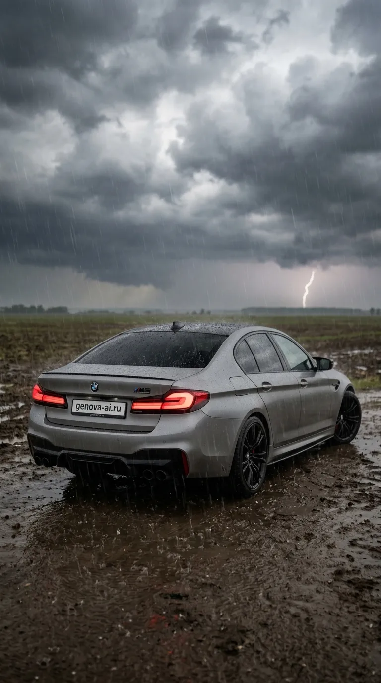 BMW M5: серебристый спорткар под грозой — кадр 2