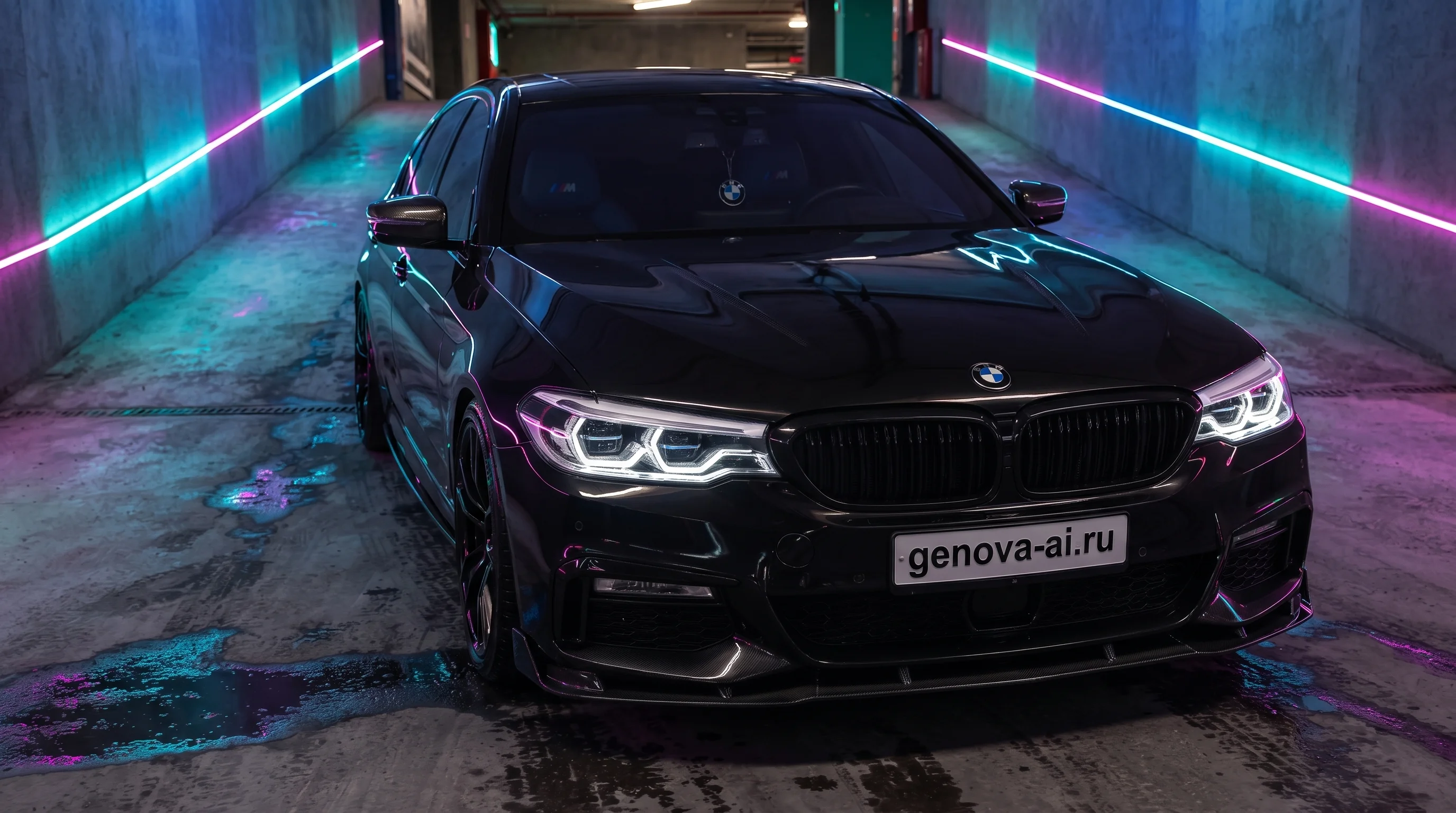 Черная BMW G30 в неоновом гараже — кадр 1