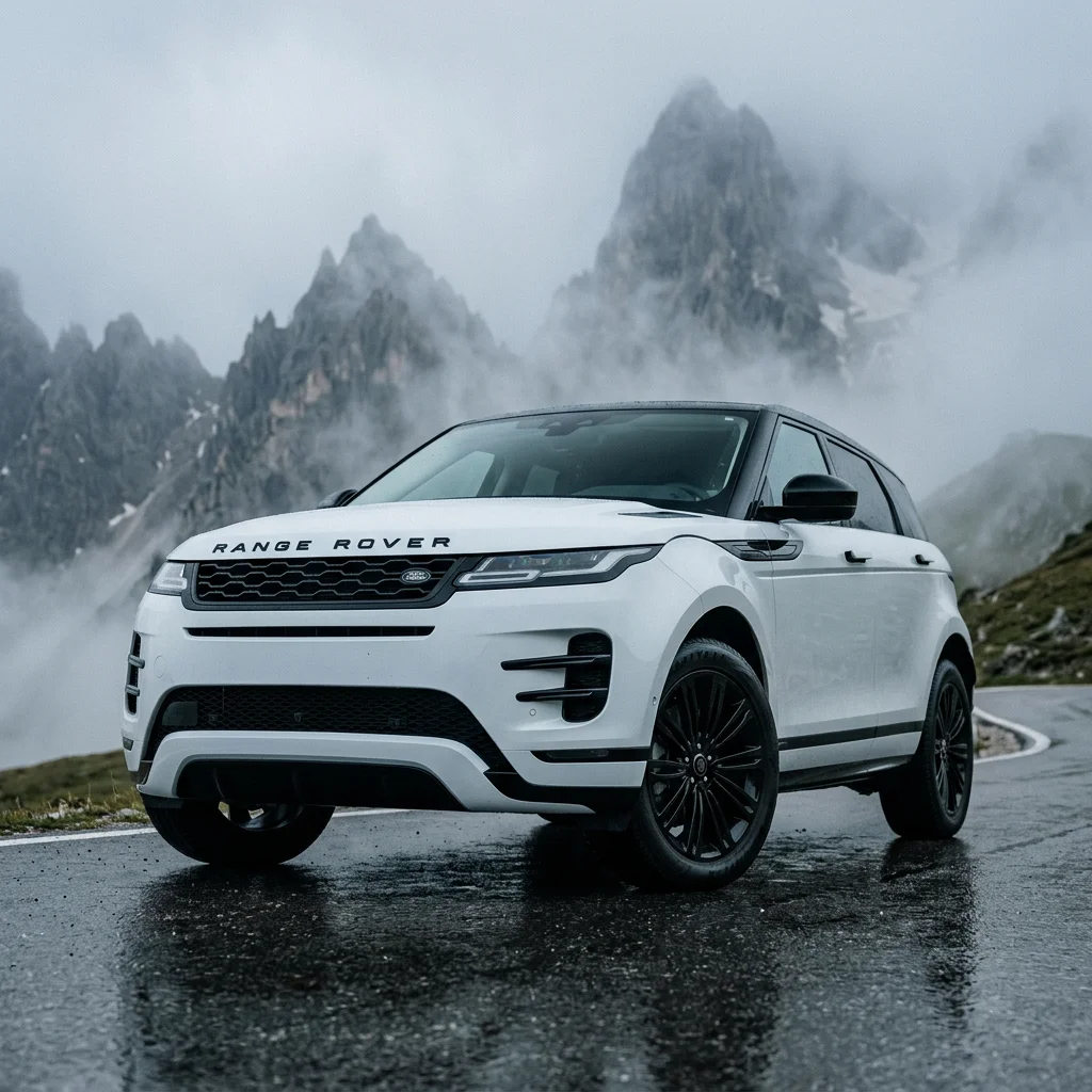 Белый Range Rover Evoque на горном серпантине — кадр 1