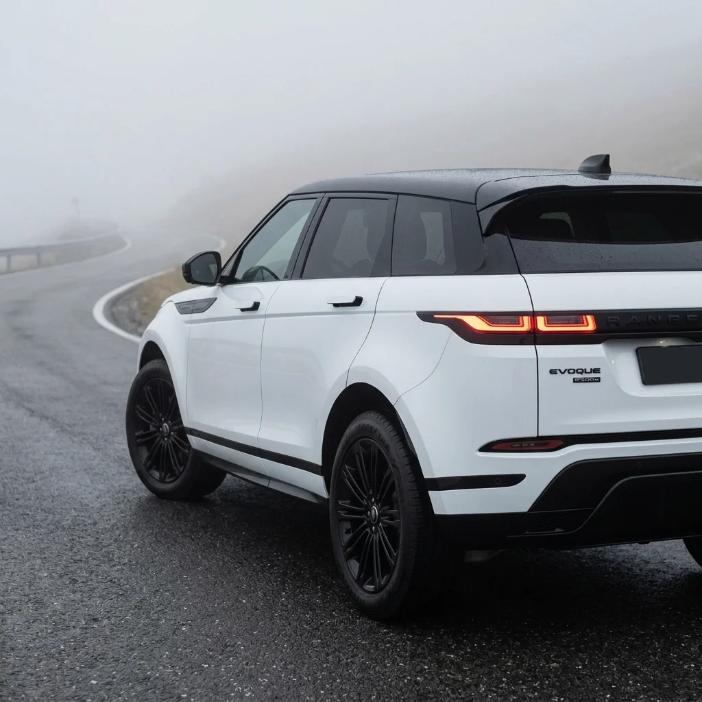 Белый Range Rover Evoque на горном серпантине — кадр 2