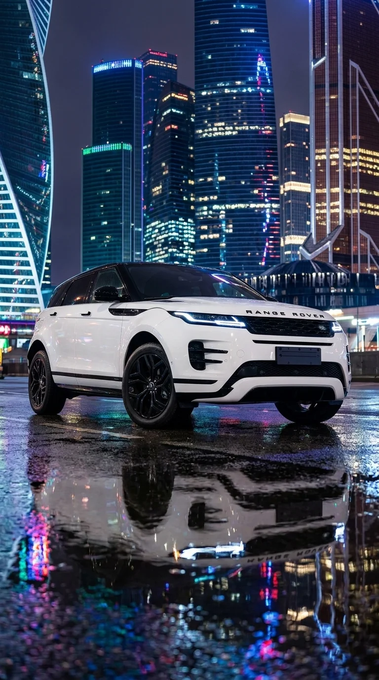 Белый Range Rover в ночном "Москва-Сити" — кадр 1