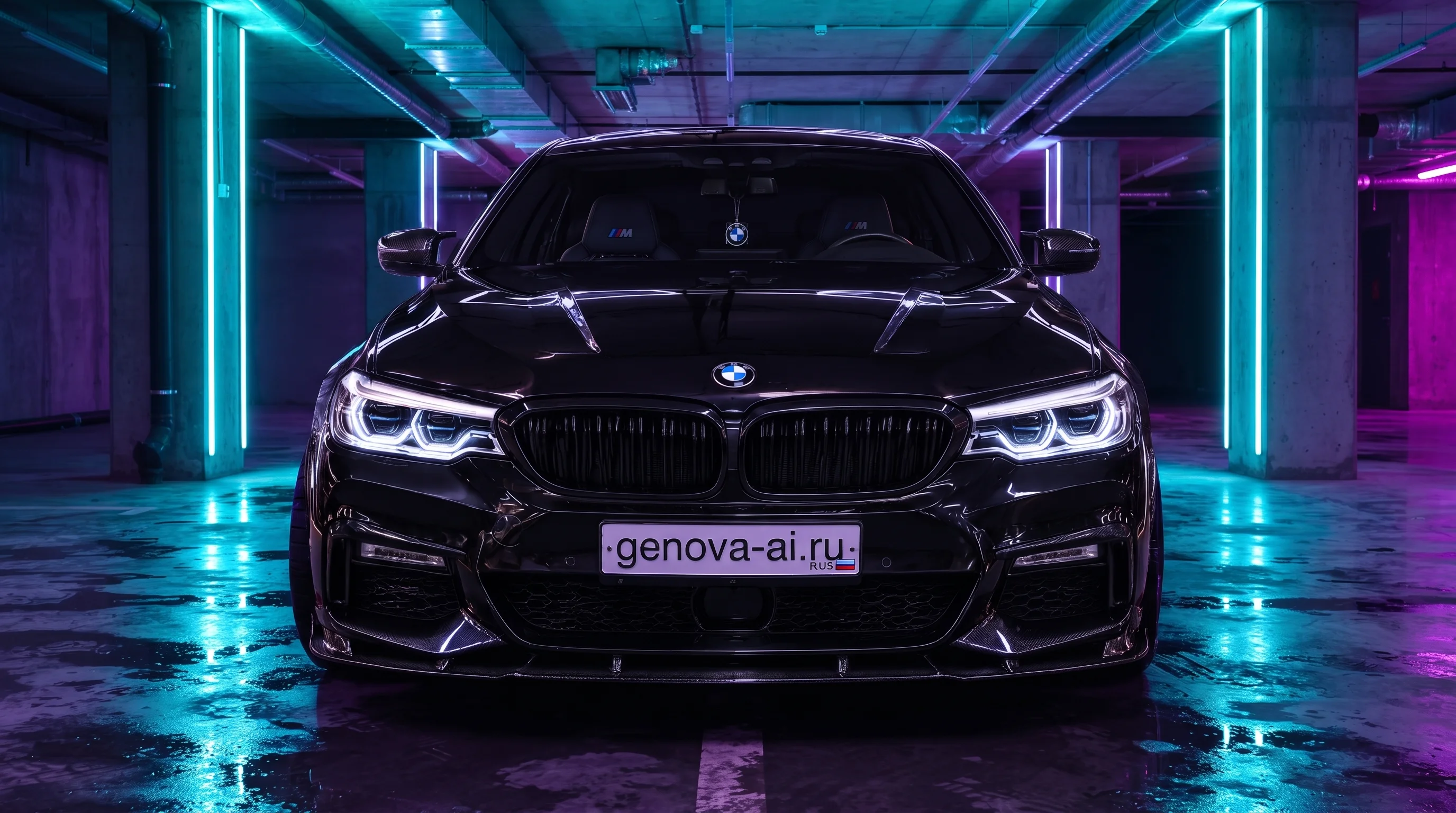 Черная BMW G30 в неоновом гараже — кадр 4